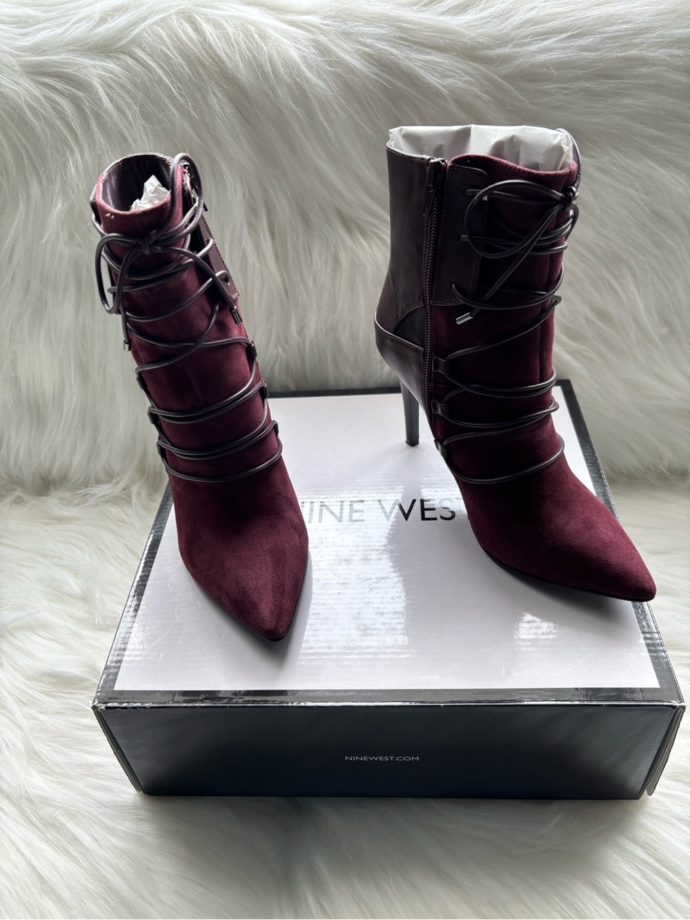 NINE WEST THISISIT WINE LEATHER/SUEDE HEELED POINTED TOE BOOTIES SIZE 6 1/2 $60